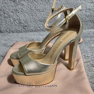 Stuart‎ Weitzman Discoplatform Gold Metallic Leather Platform Heels Sandals Sz 6